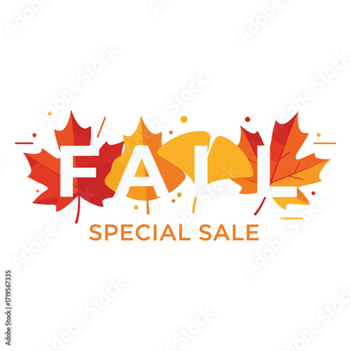 A creative 'Fall Special Sale' logo with the word 'FALL' artistically integrated into colorful autumn maple and oak leaves. vector illustration