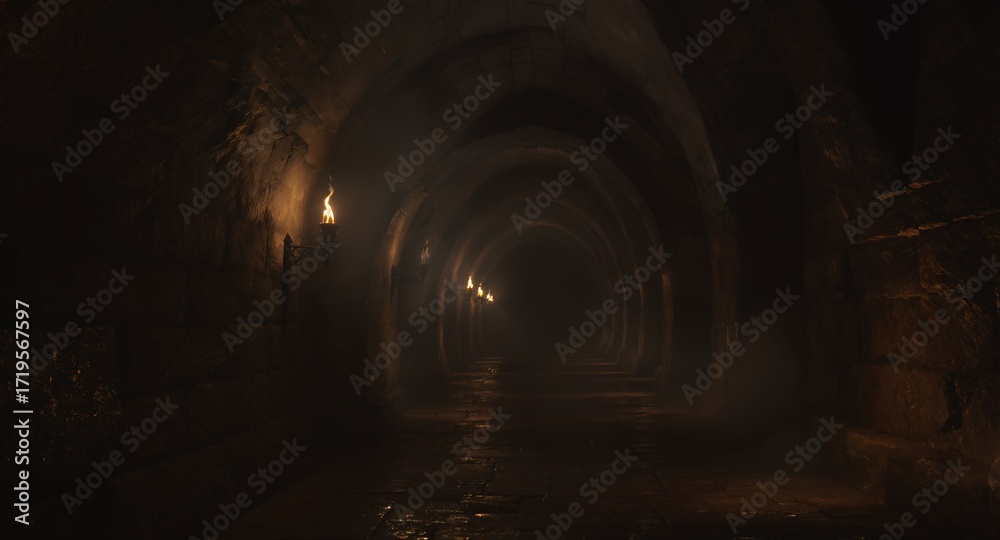 Fototapeta premium Dark stone corridor with arched ceiling and lit torches