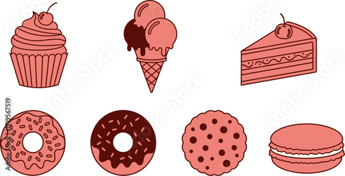 A delicious assortment of sweet treats including cupcakes, ice cream, cake, donuts, cookies, and macarons.