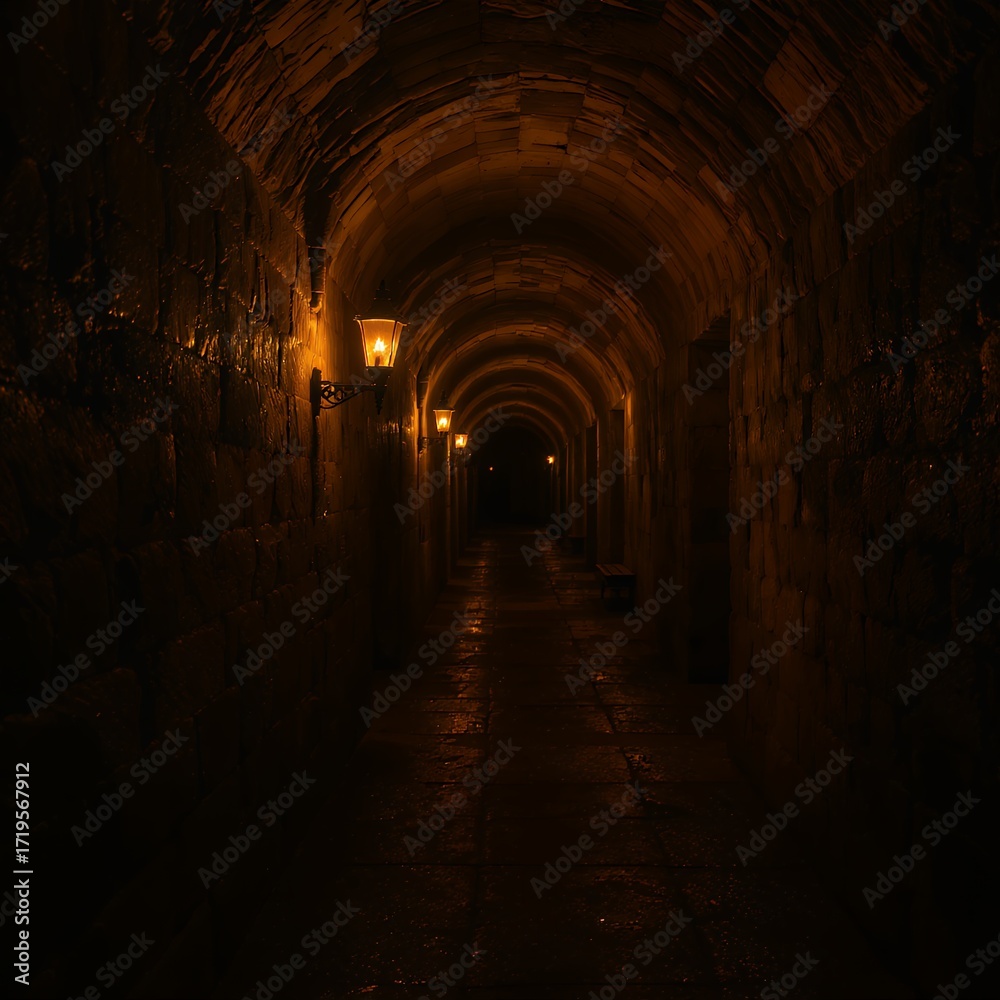 Fototapeta premium Dark stone corridor with lit lanterns, mysterious, gothic, archway, ancient passageway