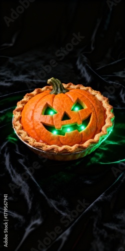 Close-up 3D pumpkin pie shaped like spooky jack-o’-lantern glowing green on black velvet background