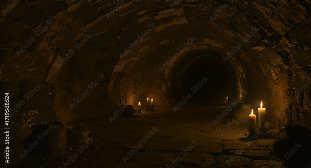Naklejka premium Dark stone tunnel with lit candles and ancient pots