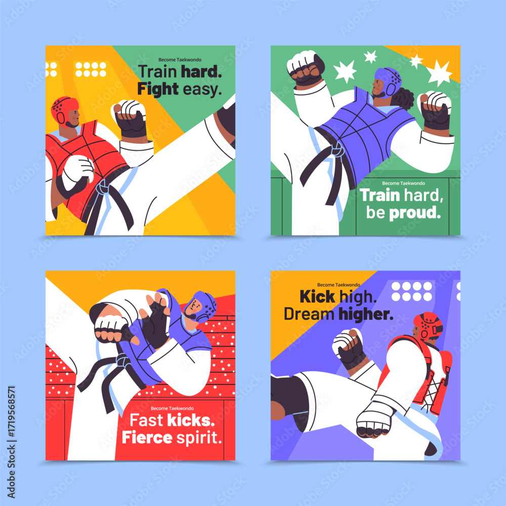 Obraz premium Hand-Drawn Flat Illustrations of Taekwondo in Action Card Square Collection