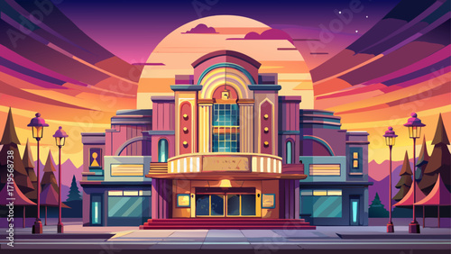 Old fashioned movie theater at dusk, wide angle panoramic view, horizontal symmetric background glows with vintage neon lights, casting warm reflections on quiet streets, evoking timeless charm beneat