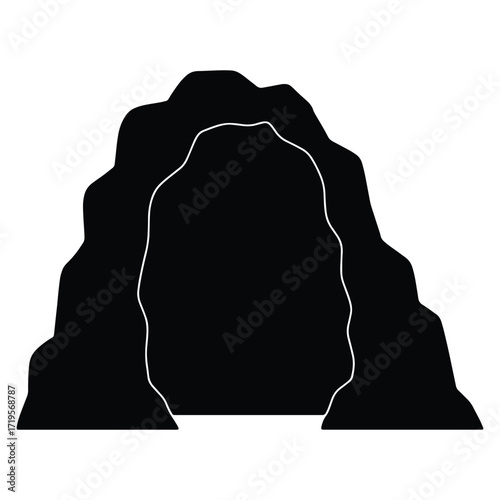 Mysterious Cave Entrance Black and White Silhouette Vector Illustration