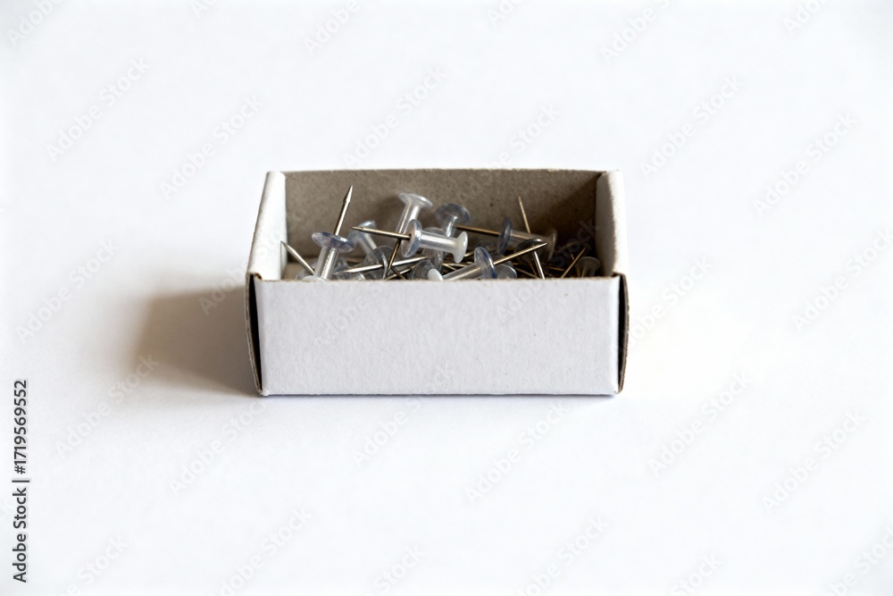 Fototapeta premium Push Pin Box Isolated on White Background – Office and Stationery Supplies Image for Design Projects