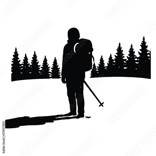 Silhouette of hiker in snowy forest winter adventure backdrop vector