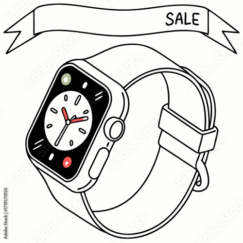 Vector illustration of a smartwatch with a sale banner. Ideal for discount promotions, online store ads, marketing campaigns, posters, and ecommerce advertising designs