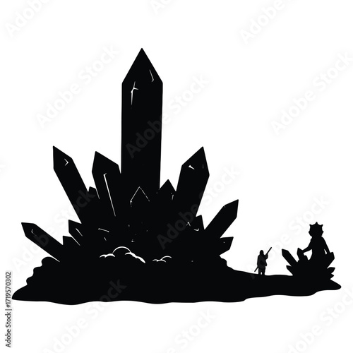 Silhouette of people exploring a large crystal formation landscape black and white