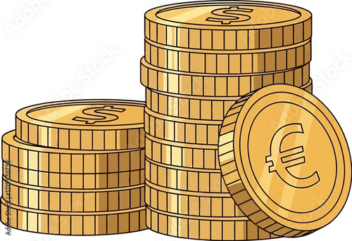 Stacks of gleaming gold coins represent wealth and financial success, symbolizing currency and investment.