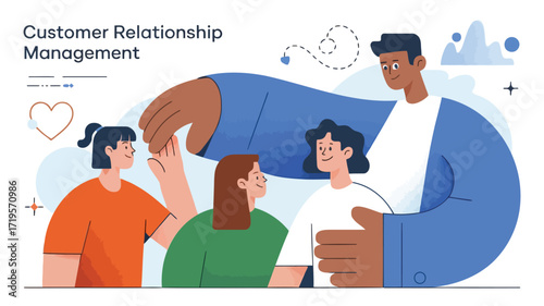 Embracing customers with caring support in Customer Relationship Management with modern flat vector