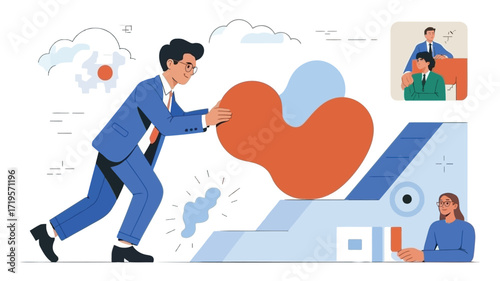 A determined businessman pushing a massive shape towards success aided by teamwork in a bright flat