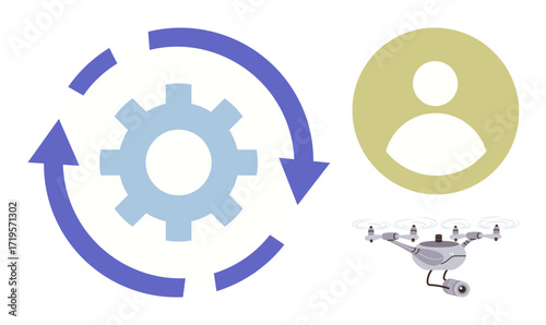 Gear with circular arrows, user profile icon, quadcopter representing automation, technology, workflow, efficiency, innovation, AI and user interaction. Ideal for process optimization robotics smart