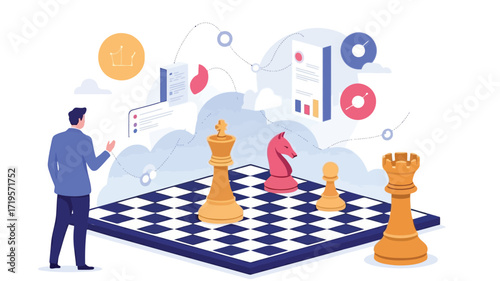 Strategist pondering a complex chess game with data visualizations emphasizing critical thinking and