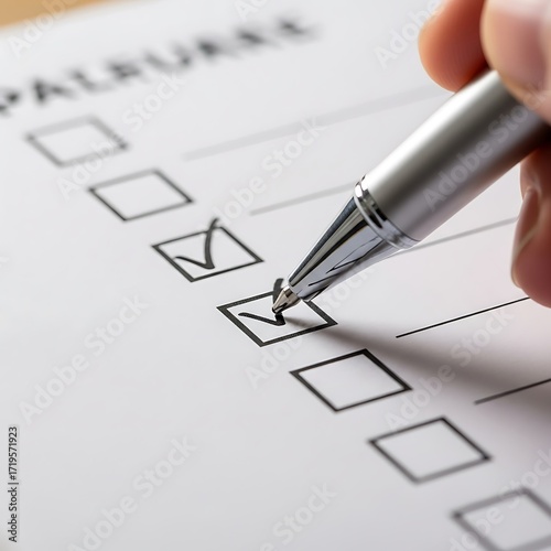 Checklist Completion - Marking Tasks on a List with a Pen.