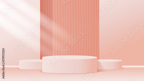 Soft pink podiums and geometric shapes create a minimalist stage for product display with gentle light and shadow