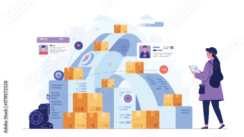 Woman monitoring package delivery with a digital tablet in a smooth logistics illustration with