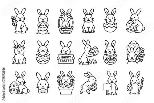 easter bunnies outline icon set