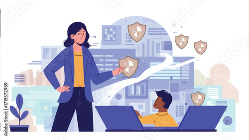 A serious cybersecurity team leader overseeing data protection for developers with flat vector