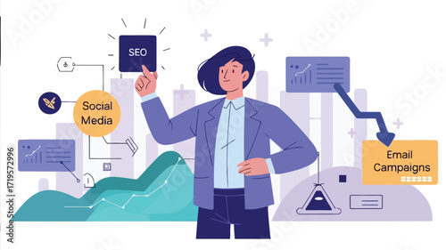 Empowering your brand through digital marketing strategies social media and SEO illustrated on a
