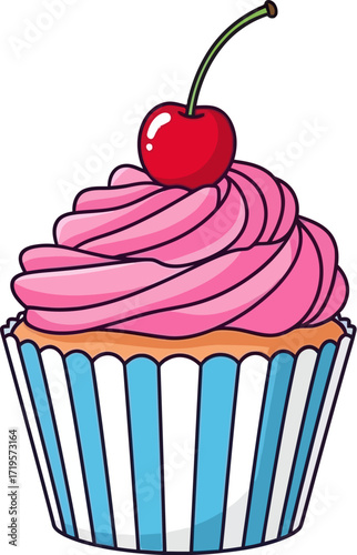 Delicious sweet cupcake with pink frosting and cherry on top, a delightful treat