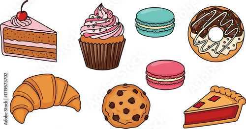 A delightful assortment of sweet treats including cake, cupcake, macarons, donut, cookie, croissant, and pie.