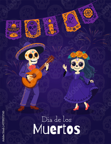 Festive Dia de los Muertos poster with dancing skeletons and papel picado