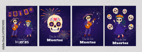 Set of Dia de los Muertos greeting cards with skeletons and skulls