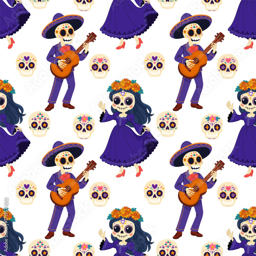 Seamless Dia de los Muertos pattern with skeleton couple and sugar skulls