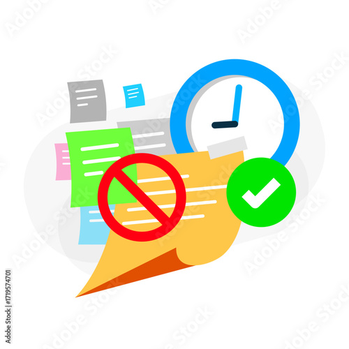 illustration of productivity and task efficiency with sticky notes crossed out, clock, and check mark symbolizing time management, completed tasks, and workflow organization