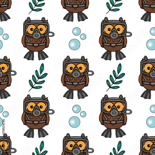Seamless vector pattern featuring adorable cartoon owls dressed in scuba gear, complemented by playful bubbles and teal foliage, creating a whimsical underwater scene.