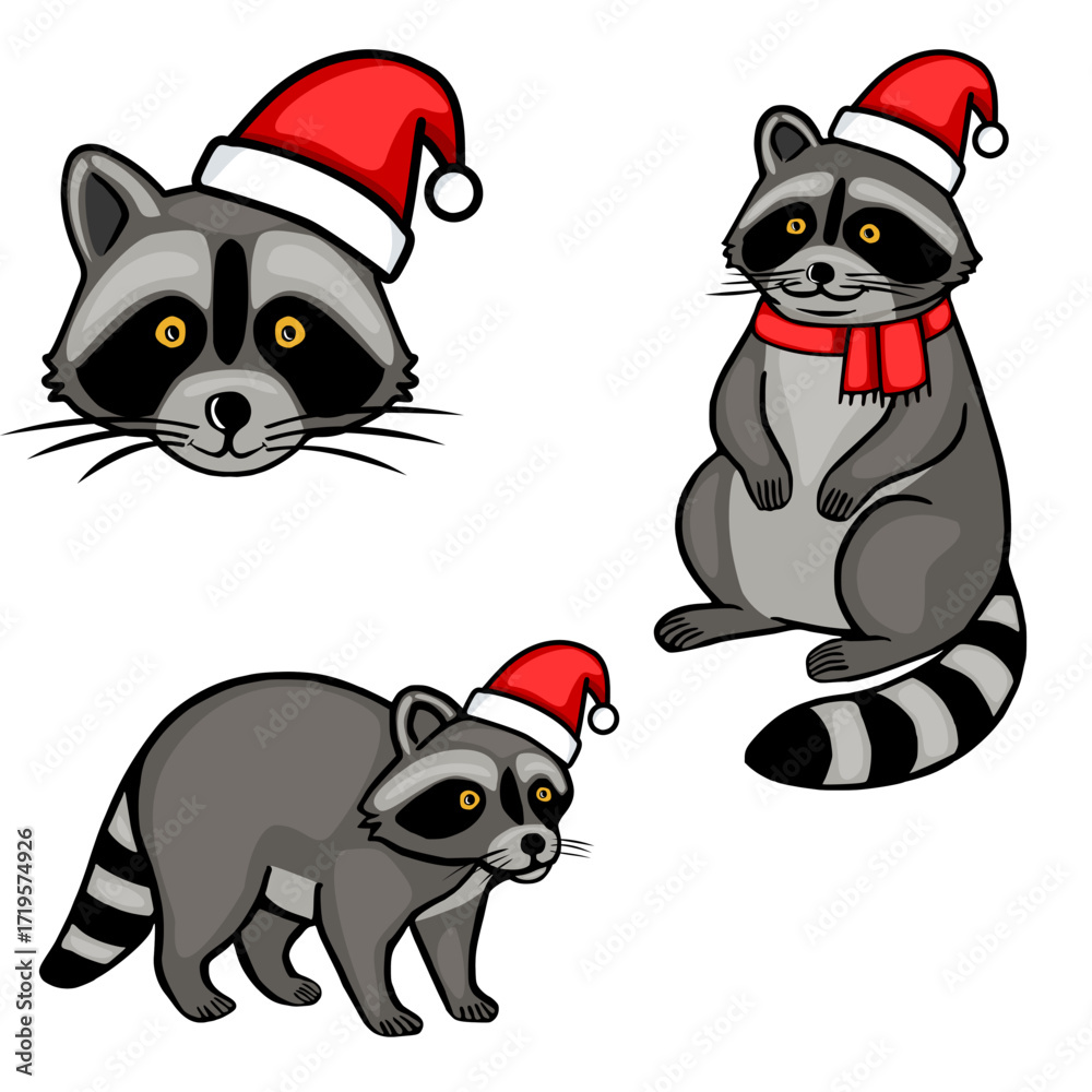Obraz premium A charming vector illustration featuring three adorable raccoons in Santa hats, one a close-up face, one sitting, and one standing, showcasing a playful and festive Christmas spirit.