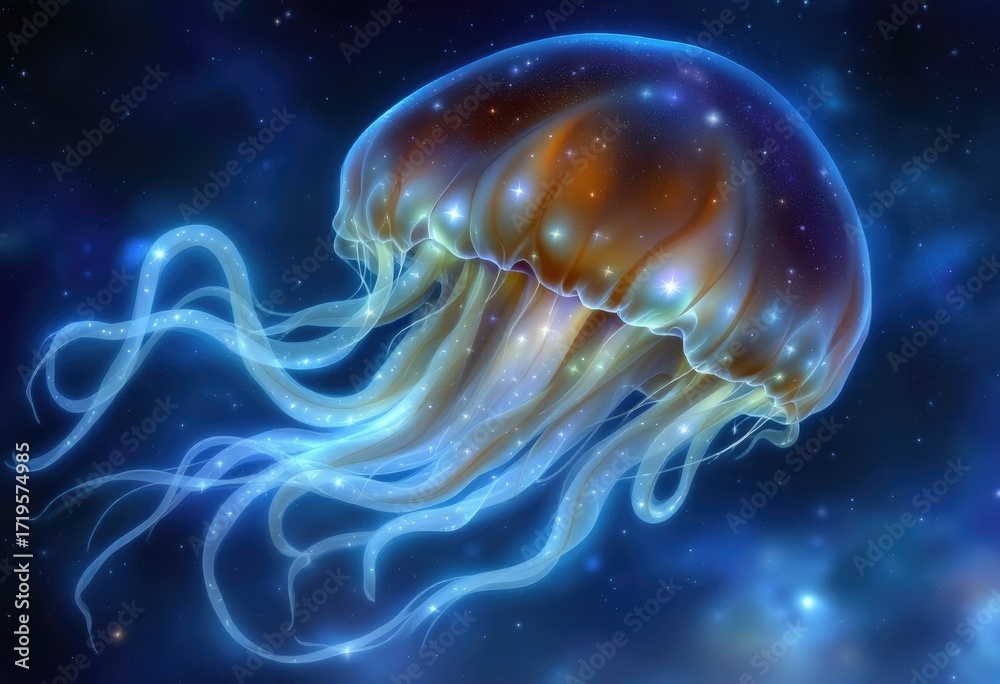 Fototapeta premium Glowing Bioluminescent Jellyfish in Cosmic Space.