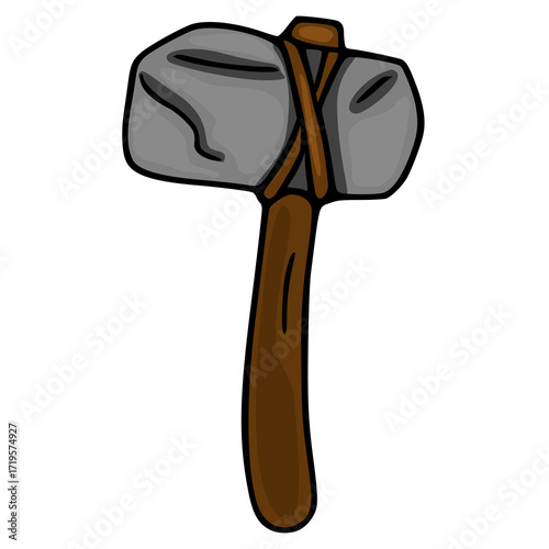 A charming vector illustration of a Stone Age hand axe, featuring a grey stone head secured with brown leather straps to a dark brown wooden handle, perfect for prehistoric-themed projects.