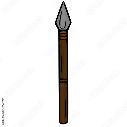 A meticulously crafted vector illustration of a primitive spear, featuring a grey stone arrowhead and a dark brown wooden shaft, detailed with subtle textures and banding, ideal for historical, adv...