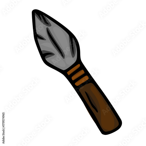 A vector illustration of a hand-drawn stone-age spearhead with a brown wooden handle, featuring a unique design and color palette suitable for various projects.