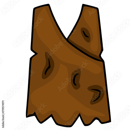 A vector illustration of a simple, brown, sleeveless tunic with irregular edges and dark brown markings, suggestive of a prehistoric or caveman-style garment.