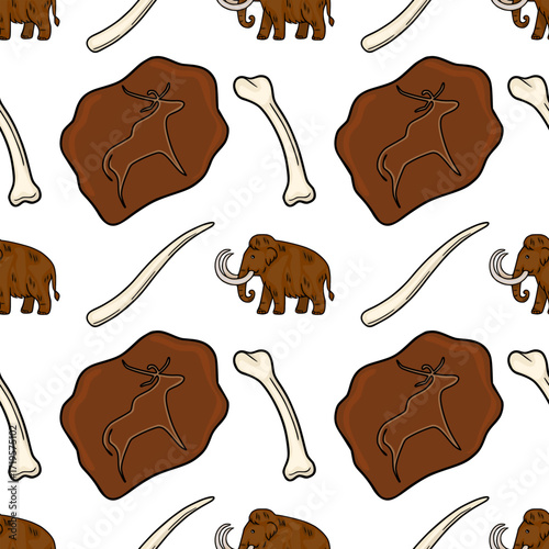 Seamless vector pattern featuring woolly mammoths, prehistoric cave paintings on rocks, and mammoth tusks and bones, creating a captivating prehistoric scene.