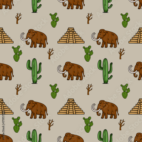Seamless vector pattern featuring woolly mammoths, cacti, and Mayan pyramids, creating a unique prehistoric desert landscape illustration.