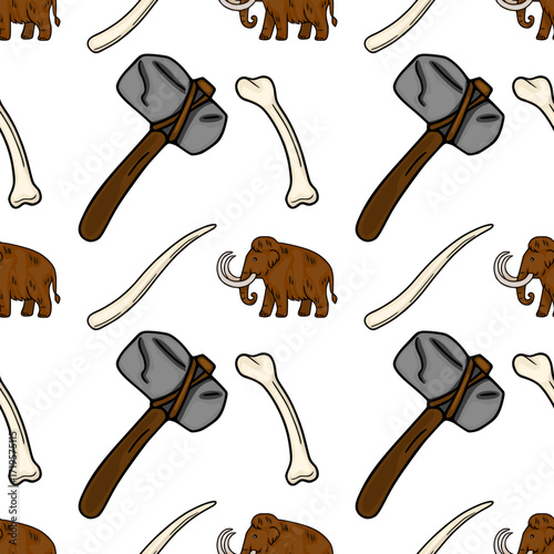 Seamless vector pattern featuring hand-drawn illustrations of woolly mammoths, stone axes, and mammoth bones, creating a prehistoric-themed design.
