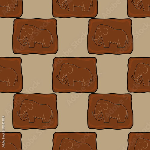 Seamless vector pattern featuring stylized mammoth illustrations on brown stone-like tiles, creating a prehistoric-themed design perfect for textile prints or backgrounds.