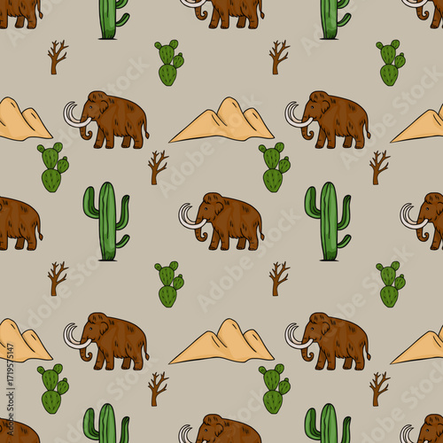 Seamless vector pattern featuring woolly mammoths, cacti, and desert landscapes, a unique prehistoric desert design.