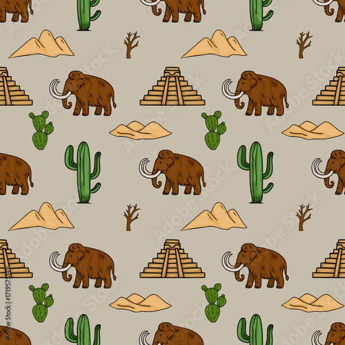 Seamless vector pattern featuring prehistoric mammoths, cacti, desert dunes, and ancient Mayan pyramids, creating a unique blend of extinct fauna and ancient architecture.