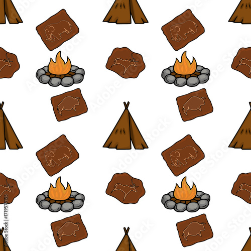 Seamless vector pattern featuring prehistoric cave paintings of mammoths and bison, a campfire scene, and a tipi tent, rendered in a simplistic, brown and orange color palette.
