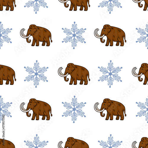 Seamless vector pattern featuring woolly mammoths and stylized snowflakes, perfect for winter-themed designs or prehistoric-inspired projects.