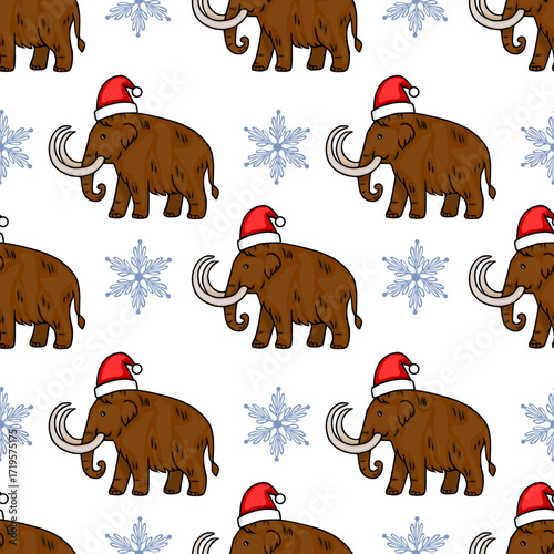 Seamless vector pattern featuring woolly mammoths wearing Santa hats and snowflakes on a white background, perfect for festive winter designs.