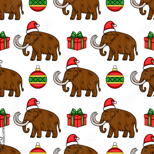 Seamless vector pattern featuring woolly mammoths in Santa hats, Christmas presents, and ornaments, creating a festive and whimsical winter design.