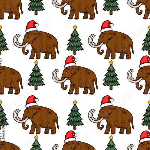 Seamless vector pattern featuring woolly mammoths wearing Santa hats and decorated Christmas trees, creating a playful and festive winter design.