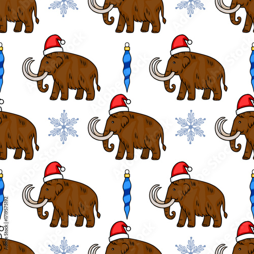 Seamless vector Christmas pattern featuring woolly mammoths in Santa hats, snowflakes, and blue icicles, creating a festive and playful winter design.