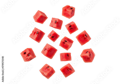 Vibrant Red Watermelon Cubes Scattering and Falling, Isolated on White Background